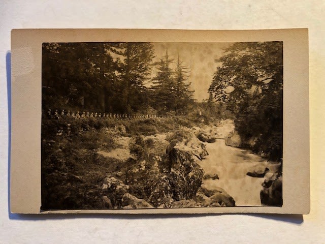 Japanese photographs mounted on card. Ancient buildings and a river with statues and a figure with - Image 8 of 9