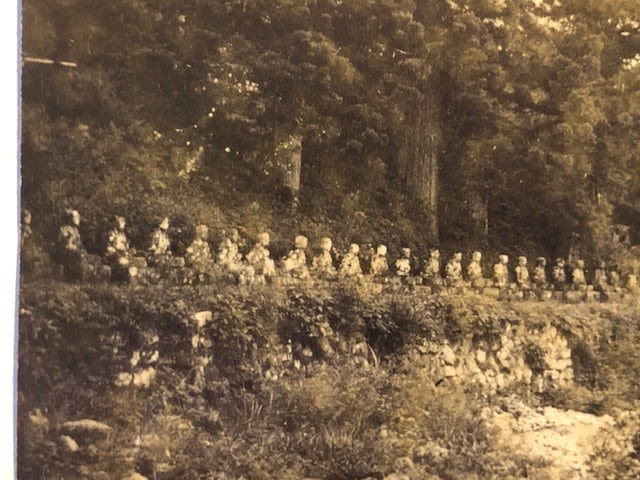 Japanese photographs mounted on card. Ancient buildings and a river with statues and a figure with - Image 6 of 9