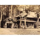Japanese photographs mounted on card. Ancient buildings and a river with statues and a figure with