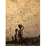 Photograph of locusts in flight with 3 standing figures. Stamped on reverse Zomo Collection.