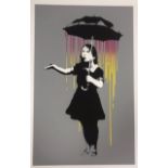 After Banksy, limited edition print by West Country Prince. Umbrella and coloured rain