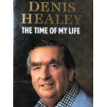 Politicians signed books, Michael Heseltine and Denis Healey.