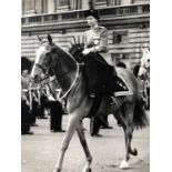 Queen Elizabeth II, press photograph, on horse. Mid 20thC at changing of the guards. (S22)
