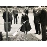 Queen Elizabeth vintage press photograph. Planting a tree at a public engagement. Press stamp on