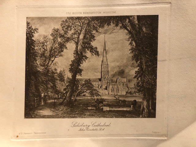 Salisbury Cathedral engraving by John Constable. Largest approx 16x23cm (U5)