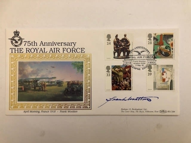 Frank Wootton signed first day cover. 75th RAF anniversary. Approx 10x22cm. (LU5)