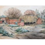 Frank H Read signed watercolours. Farm scene and another of boats on shore. (2)