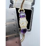 YELLOW GOLD MOVADO COCKTAIL WATCH WITH DIAMONDS AND HEART AMETHYSTS