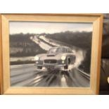 Old oil painting of a car signed