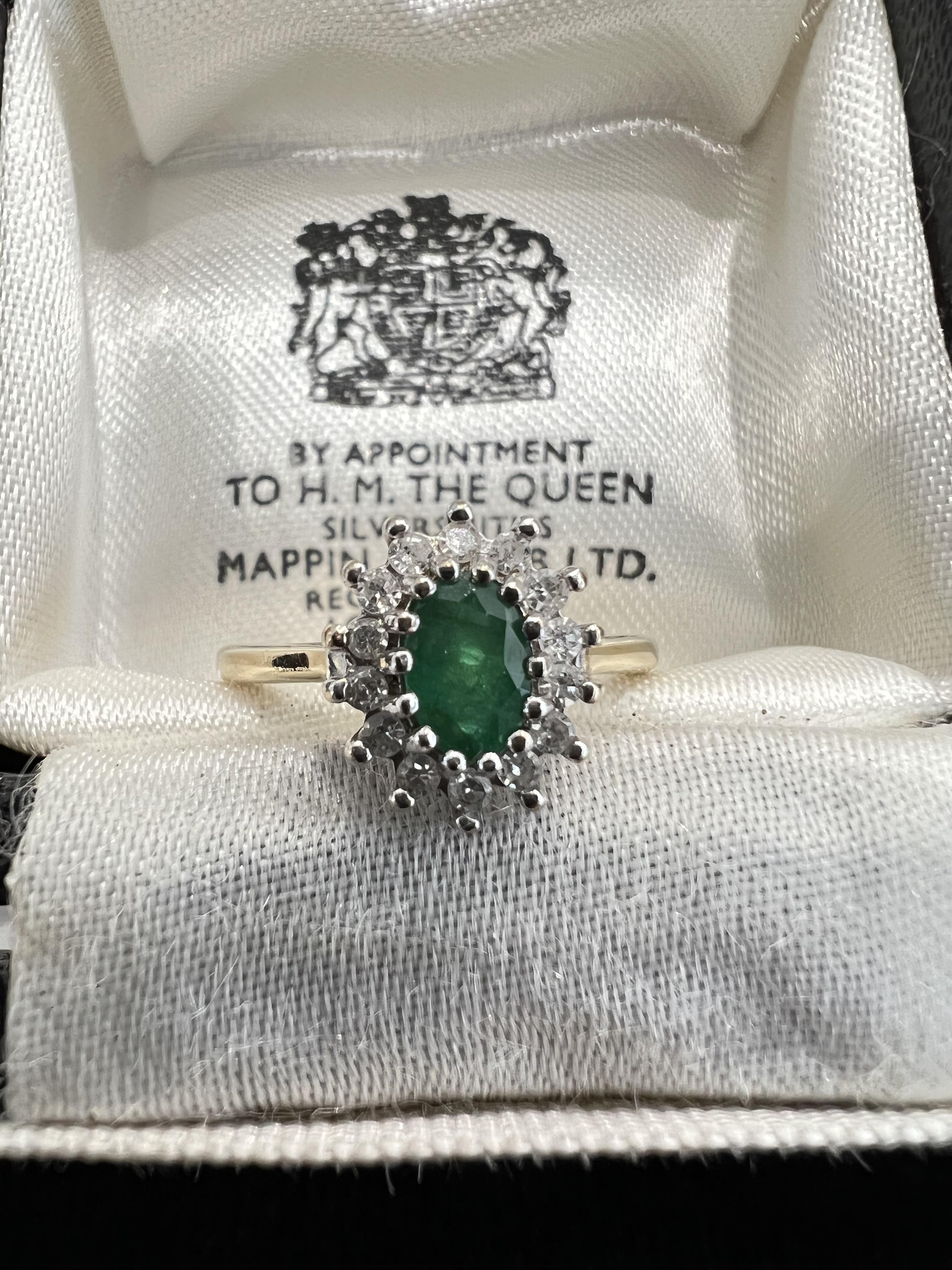 9K YELLOW AND WHITE GOLD EMERALD AND DIAMOND RING