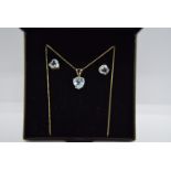 9CT YELLOW GOLD HEART CUT BLUE AQUAMARINE NECKLACE/ PENDANT AND EARRING SET
