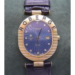 18K YELLOW GOLD ROBERGE GENEVE LEATHER BAND WRISTWATCH - SUNBURST BLUE GUILLOCHE DIAMOND DIAL