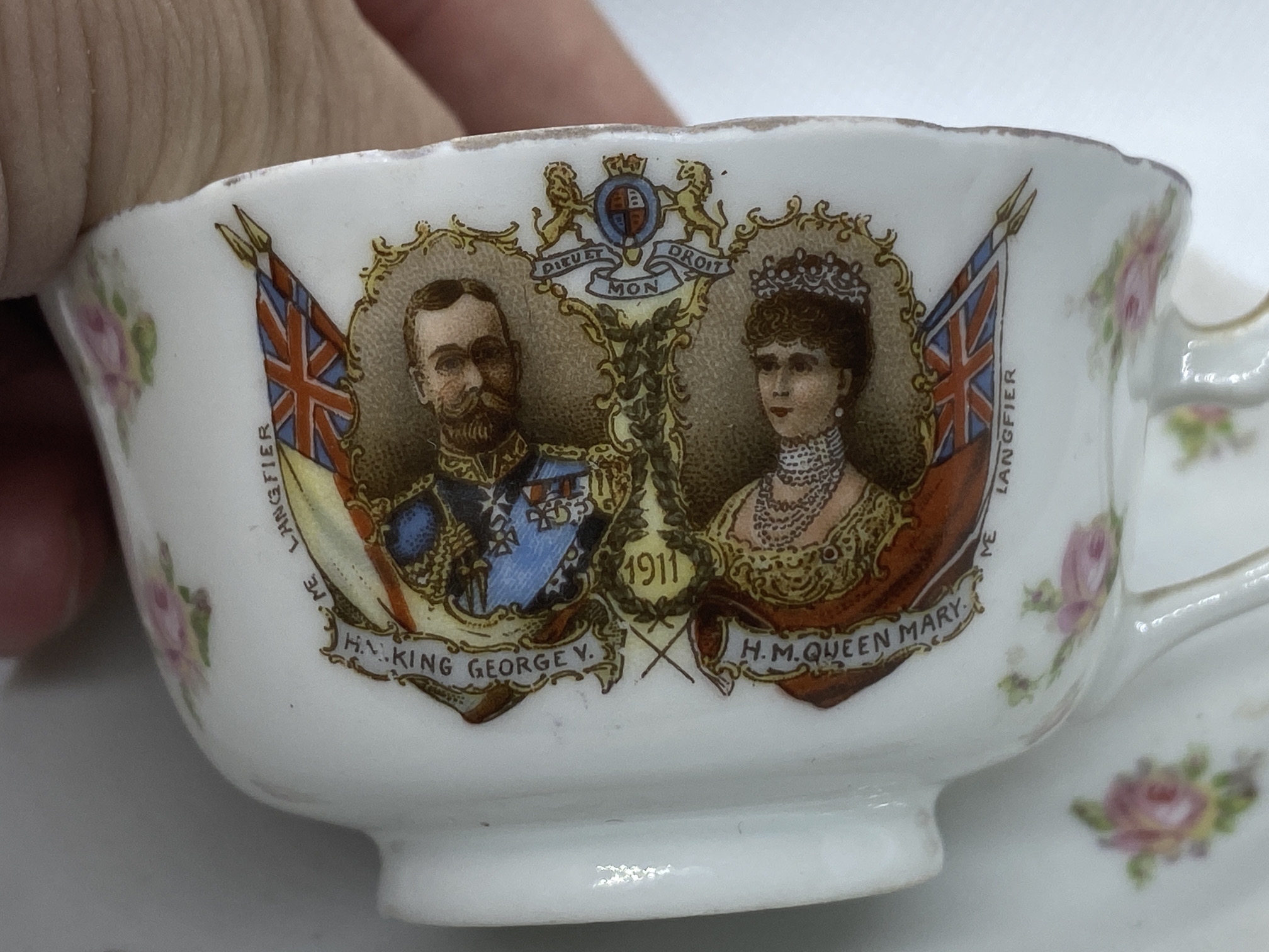 PORCELAIN 1911 KING GEORGE V & QUEEN MARY CUP & SAUCER - LANGFIER