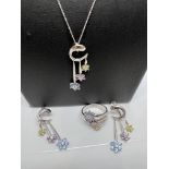 18K WHITE GOLD JEWELLERY SET - BEAUTIFUL DIAMOND AND MULTI COLOURED SEMI PRECIOUS STONES