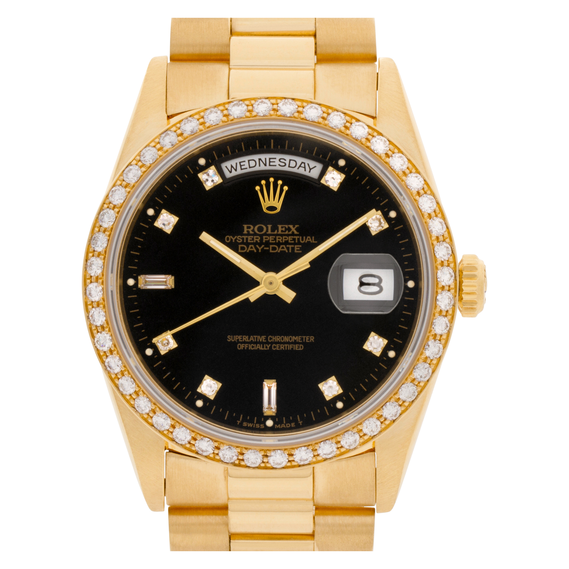 ROLEX 18K DAY DATE 18238 - DIAMOND SET BLACK DIAL / BEZEL - ORIGINAL ROLEX CERTIFICATE & VALUATION