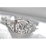 PLATINUM 1.00CT VS2 / G DIAMOND RING - ART DECO/ MILGRAIN SETTING - BOXED WITH CERTIFICATE PACKET