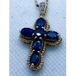 VERY FINE 6.00ct CEYLON BLUE SAPPHIRE & DIAMOND CROSS IN 14ct WITH 18" 14ct GOLD BOX CHAIN