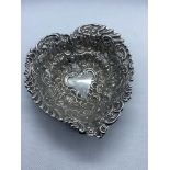 HALLMARKED SILVER HEART SHAPED CHERUB EMBOSSED DISH - 4" x 3.5" x 0.75" high