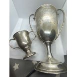 LARGE HALLMARKED TROPHY EVERETT EDGECUM HOME GUARD -9.5" TALL + SMALL HALLMARKED SILVER TROPHY 3.5"