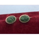 ANTIQUE 14K YELLOW GOLD CARVED JADE & SEED PEARL EARRINGS