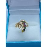 VINTAGE 9ct GOLD MULTI GEM SET FAN RING INC SAPPHIRE, EMERALD, RUBY ETC