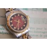 DIAMOND ROLEX DATEJUST 18K/ STEEL REF 69173 (26MM) - RED VIGNETTE DIAL (WITH ORIGINAL CERTIFICATE)