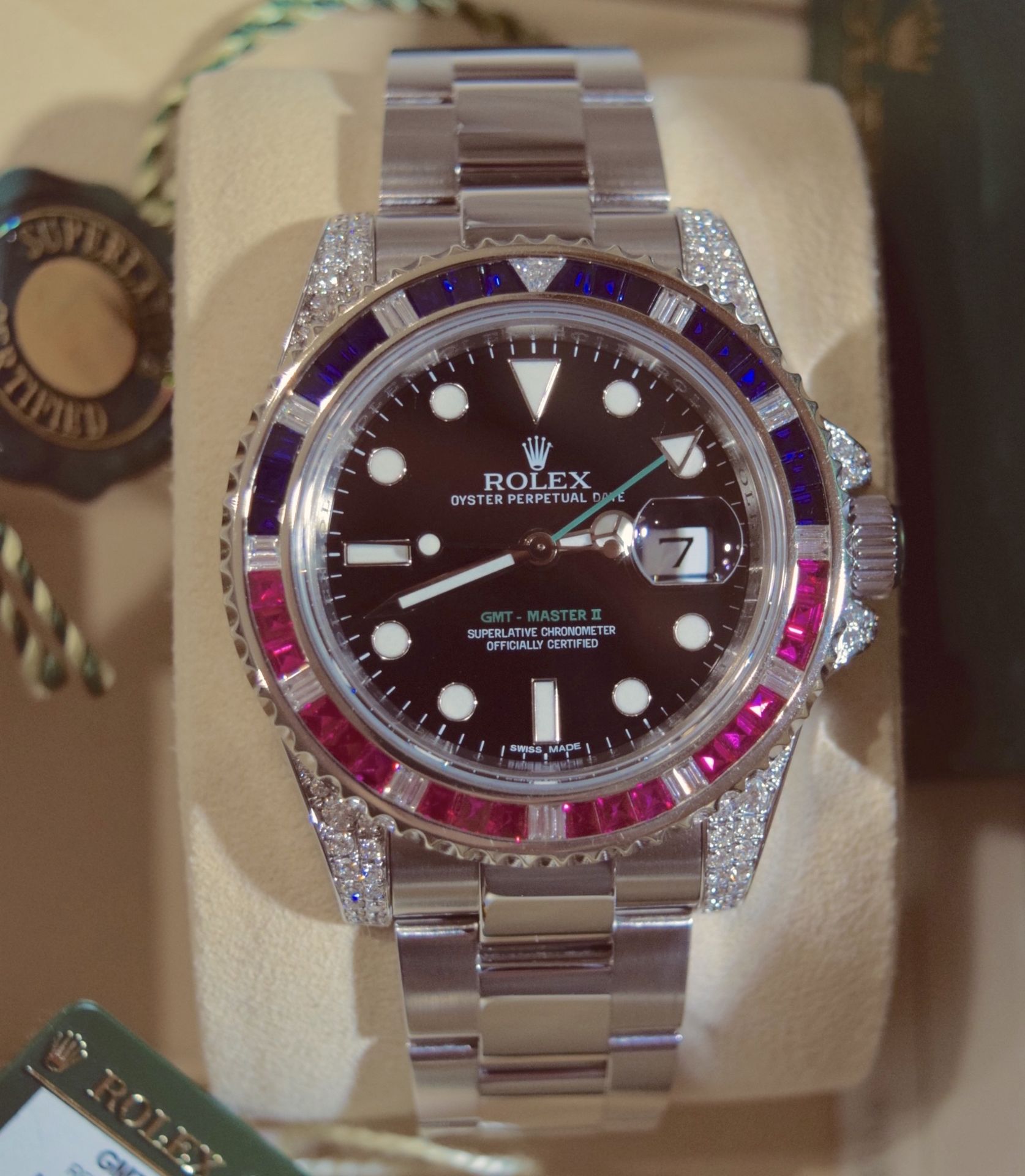 ROLEX GMT MASTER II STEEL SARU 5.85CT VVS DIAMOND/ SAPPHIRE/ RUBY SET WITH BOX, ROLEX CARD/ TAGS ETC - Image 26 of 39