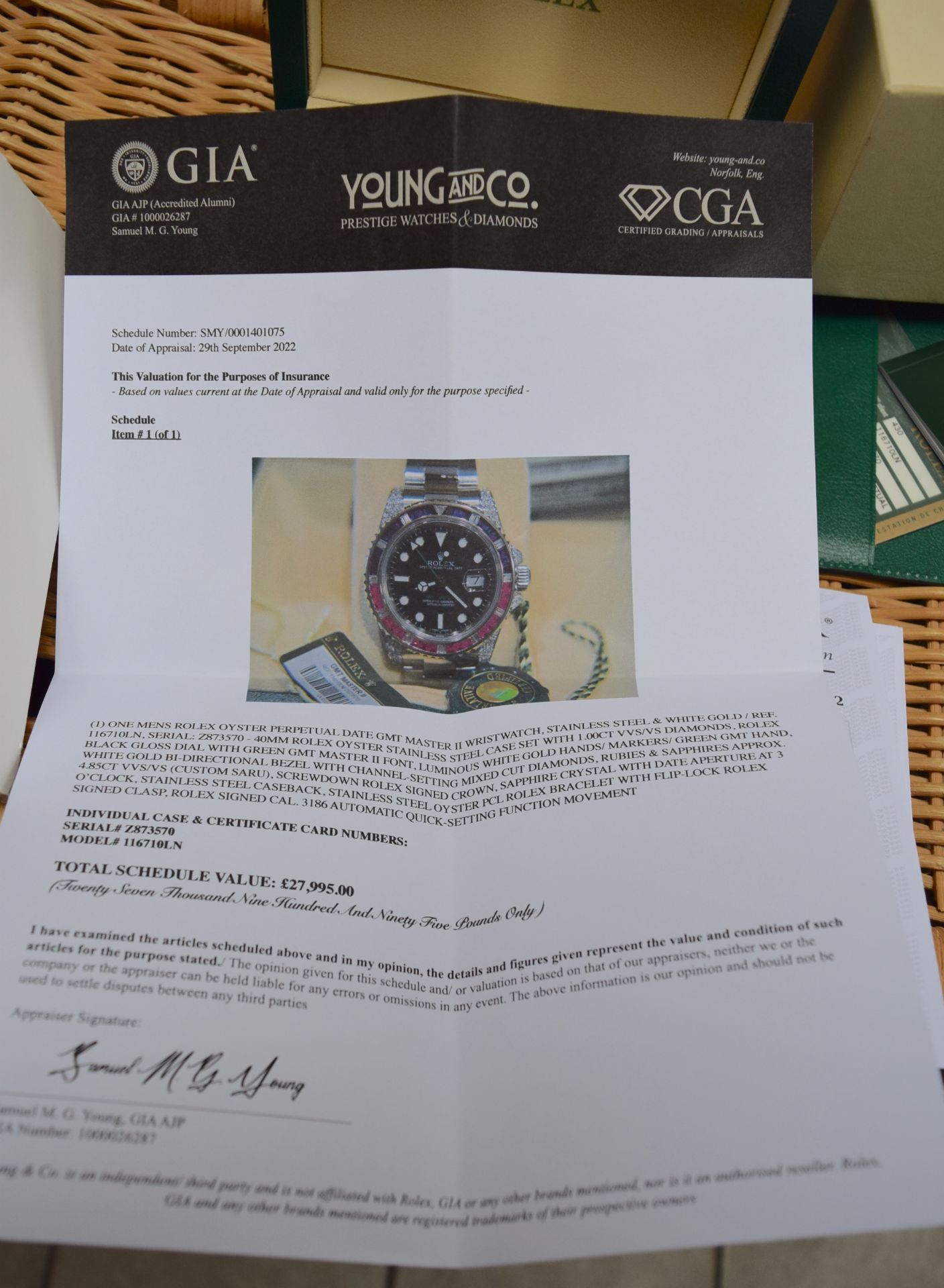 ROLEX GMT MASTER II STEEL SARU 5.85CT VVS DIAMOND/ SAPPHIRE/ RUBY SET WITH BOX, ROLEX CARD/ TAGS ETC - Image 20 of 39