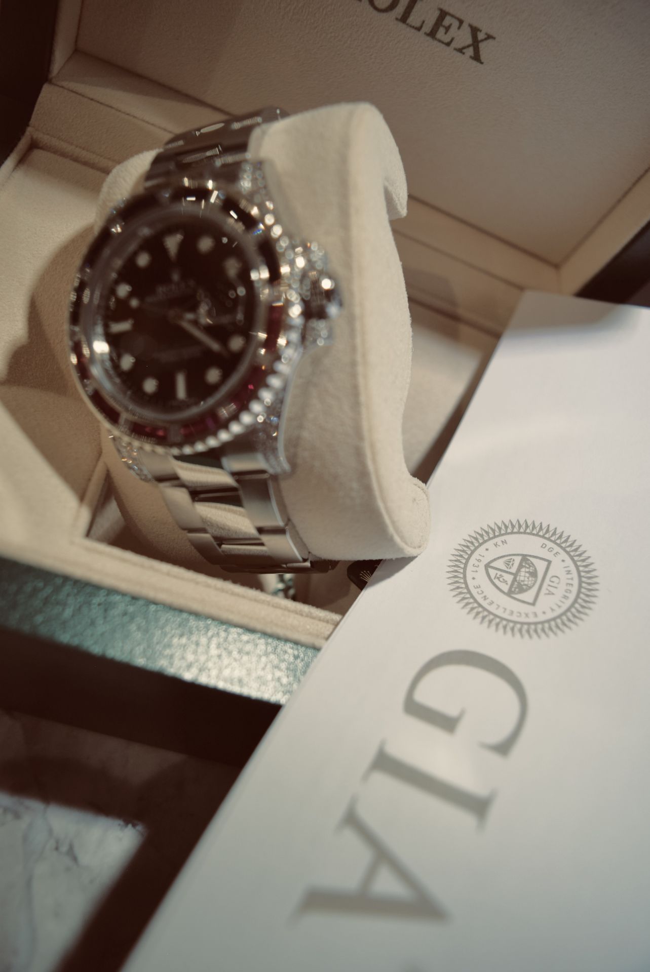 ROLEX GMT MASTER II STEEL SARU 5.85CT VVS DIAMOND/ SAPPHIRE/ RUBY SET WITH BOX, ROLEX CARD/ TAGS ETC - Image 17 of 39