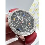 42MM JACOB & CO FIVE TIME ZONES WATCH SET WITH DIAMONDS (RED LEATHER STRAP)