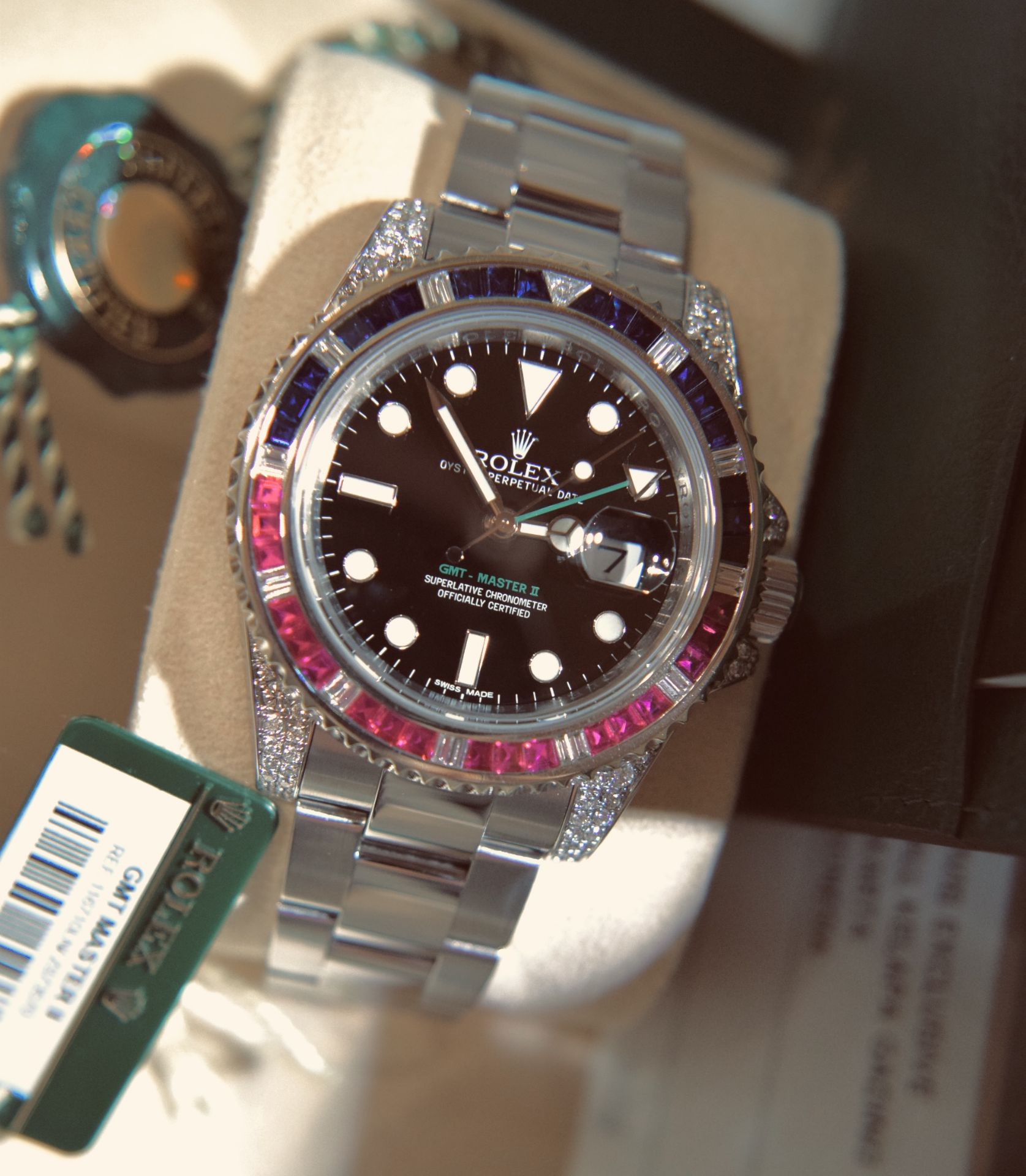 ROLEX GMT MASTER II STEEL SARU 5.85CT VVS DIAMOND/ SAPPHIRE/ RUBY SET WITH BOX, ROLEX CARD/ TAGS ETC