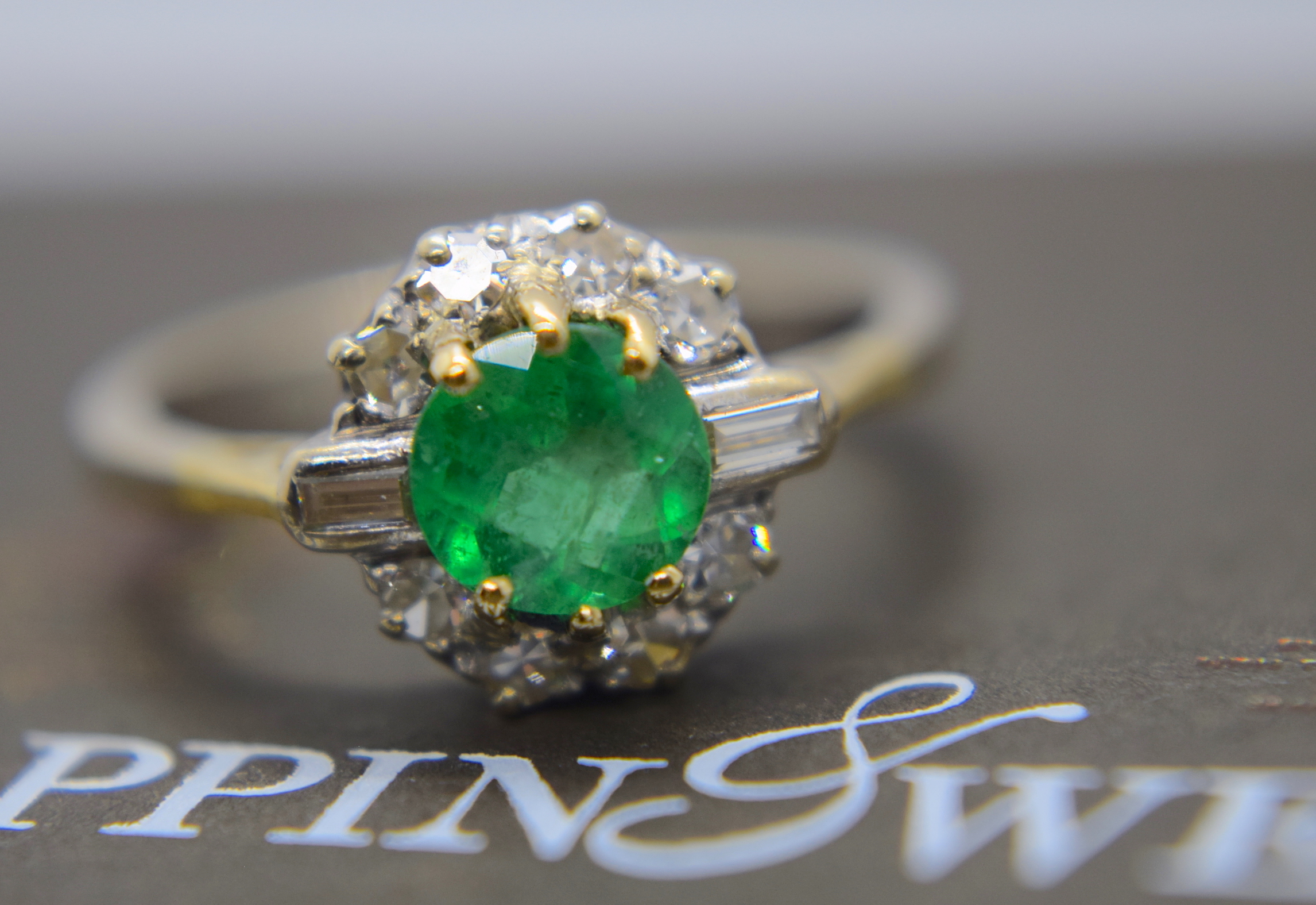 1.40CT EMERALD & BAGUETTE/ OLD CUT DIAMOND RING IN 18K YELLOW & WHITE GOLD (SIZE L 1/2 - APPROX. TCW