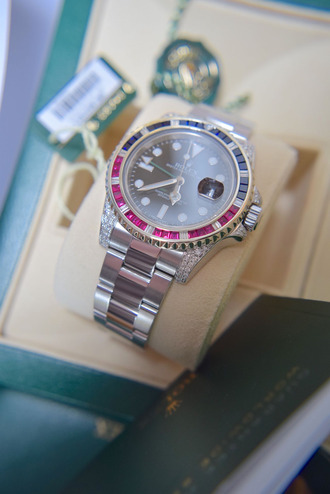 ROLEX GMT MASTER II STEEL SARU 5.85CT VVS DIAMOND/ SAPPHIRE/ RUBY SET WITH BOX, ROLEX CARD/ TAGS ETC - Image 29 of 39