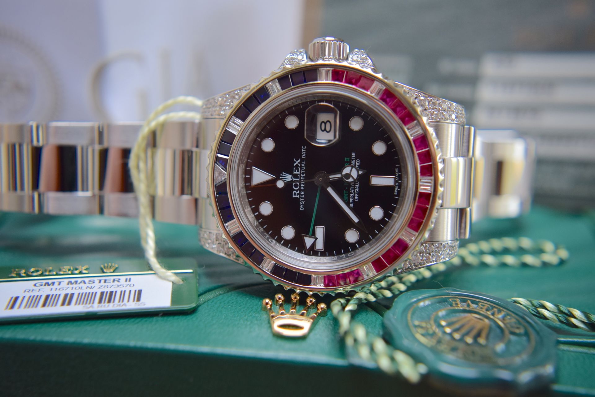 ROLEX GMT MASTER II STEEL SARU 5.85CT VVS DIAMOND/ SAPPHIRE/ RUBY SET WITH BOX, ROLEX CARD/ TAGS ETC - Image 25 of 39