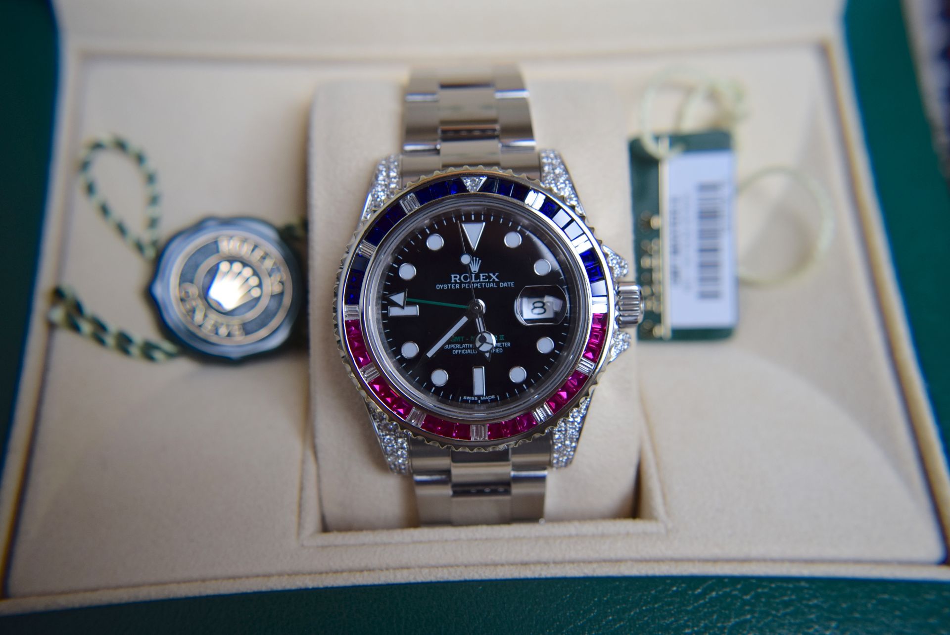 ROLEX GMT MASTER II STEEL SARU 5.85CT VVS DIAMOND/ SAPPHIRE/ RUBY SET WITH BOX, ROLEX CARD/ TAGS ETC - Image 28 of 39