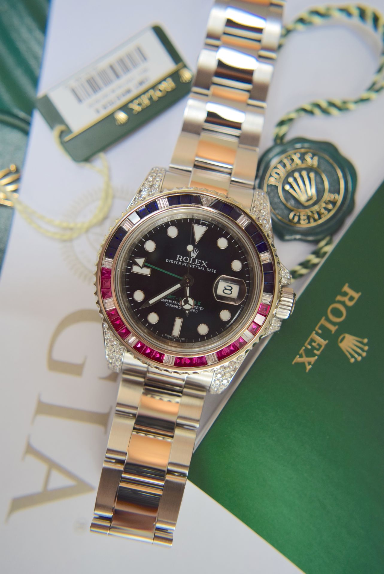 ROLEX GMT MASTER II STEEL SARU 5.85CT VVS DIAMOND/ SAPPHIRE/ RUBY SET WITH BOX, ROLEX CARD/ TAGS ETC - Image 37 of 39