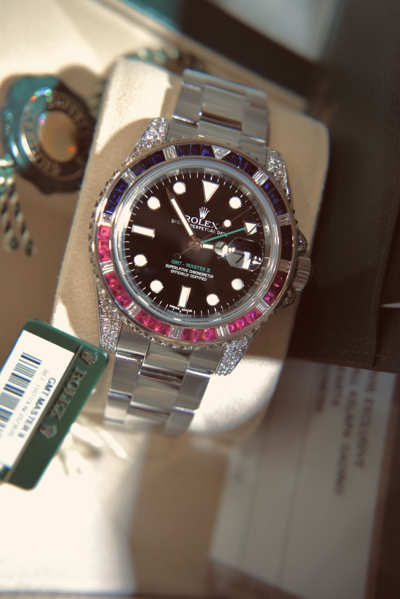 ROLEX GMT MASTER II STEEL SARU 5.85CT VVS DIAMOND/ SAPPHIRE/ RUBY SET WITH BOX, ROLEX CARD/ TAGS ETC - Image 23 of 39