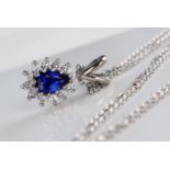 18CT WHITE GOLD 0.84CT DIAMOND & BLUE SAPPHIRE 'PEAR CUT' NECKLACE & PENDANT