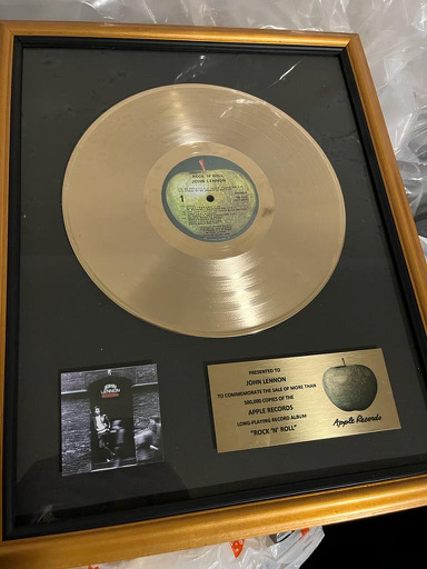 APPLE RECORDS JOHN LENNON GOLD RECORD AWARD MARKED "PRESENTED TO JOHN LENNON"