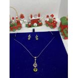 FINE 18ct WHITE GOLD ART NOUVEAU STYLE PERIDOT & DIAMOND EARRINGS WITH MATCHING NECKLACE & CHAIN