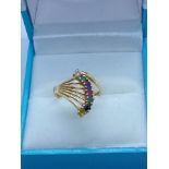 VINTAGE 9ct GOLD MULTI GEM SET FAN RING INC SAPPHIRE, RUBY, EMERALD ETC (SIZE M)