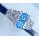 9K WHITE GOLD DOUBLE BLUE TOPAZ GEMSTONES WITH CHANNEL SET DIAMOND RING (SIZE M)