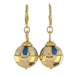 Pair of earrings "bells", in yellow gold 14 Karat, decorated with cream and royal blue enamel.