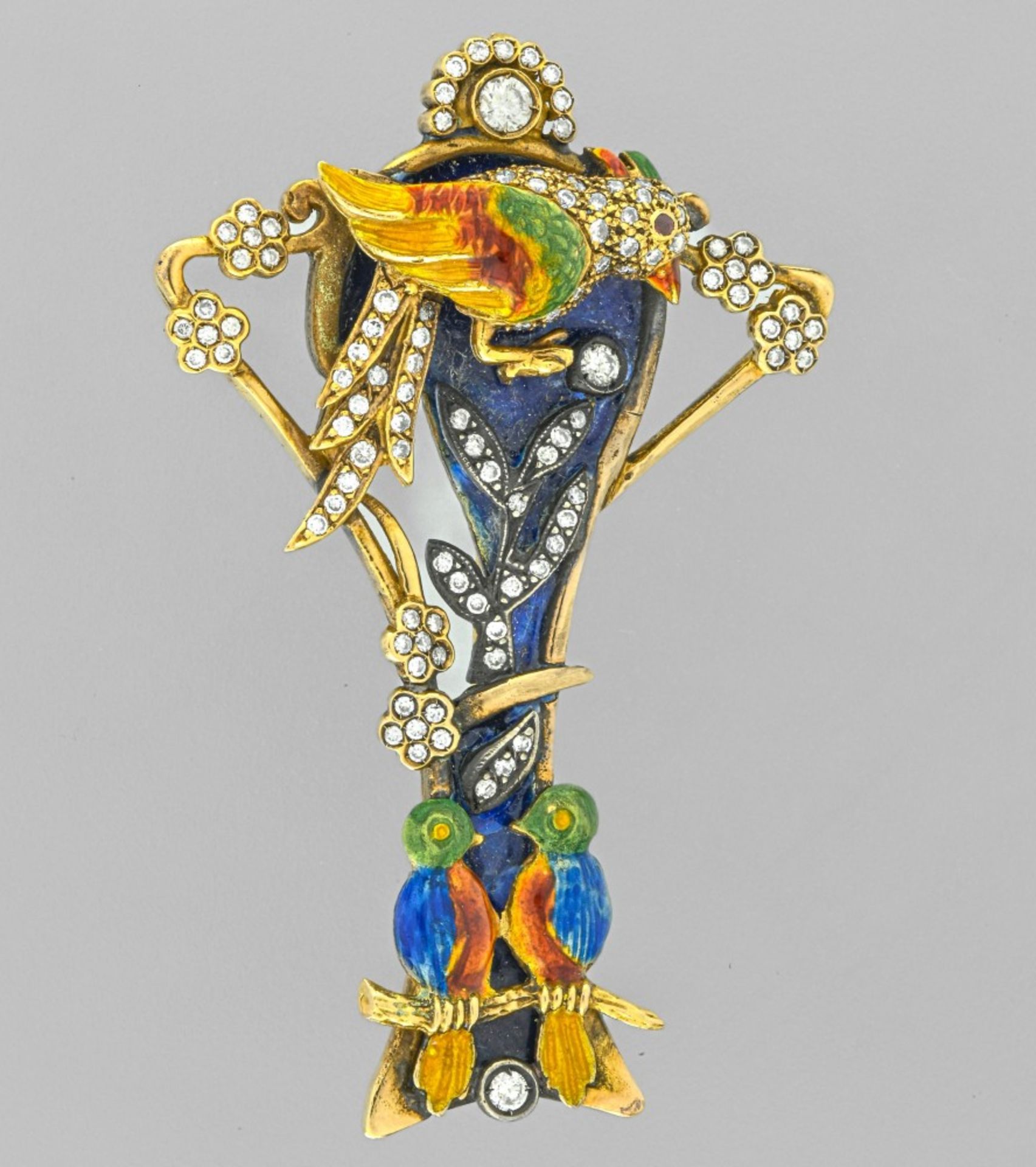 Brooch with birds In yellow gold 14 Karat, with enamelled decoration and set with diamonds - Image 2 of 2