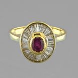 Skirt ring In 18 Karat yellow gold set with a spinel surrounded by thirty-two baguette-cut
