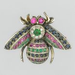 Bumblebee brooch Silver on yellow gold 9 Karat, set with diamonds, and green, red and blue stones.
