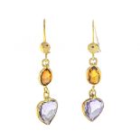 Dormeuses gold, amethyst and citrine In yellow gold 14 Karat, each set with a citrine and an