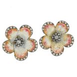 Pair of earrings In pink gold and white gold 9 Karat, decorated with enamel and set with small