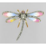 Dragonfly" brooch, in yellow gold, pink gold and white gold 9 Karat and 14 Karat, with enamel