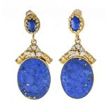 Pair of lapis lazuli earrings In yellow gold 14 Karat, set each one of an oval plate and a
